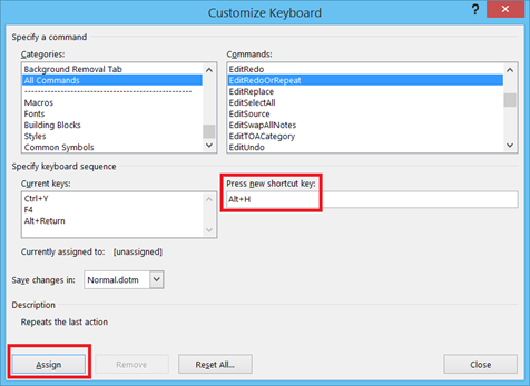 Change keyboard shortcut for Repeat Action