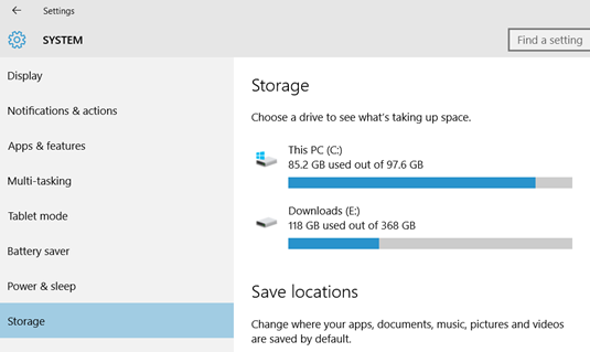 changing default file locations windows 10