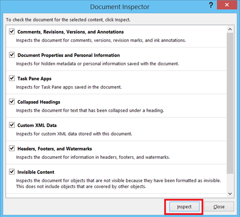 where is the document inspector in word 2013