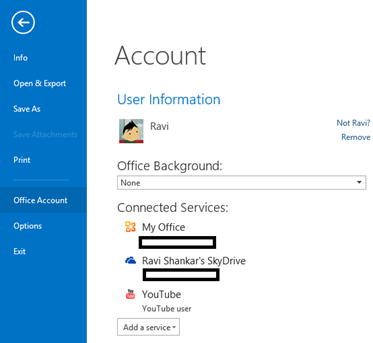 Office 2013 Account Screen