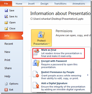 Mark as Final in PowerPoint 2010 and PowerPoint 2013