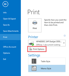 Print Options in Outlook 2013 and Outlook 2010