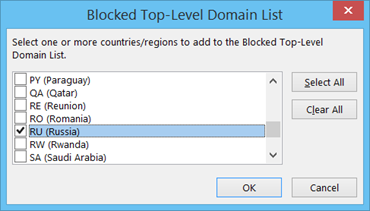 Add countries to blocked list in Outlook 2013