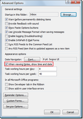 show time and date for notes in Outlook 2007