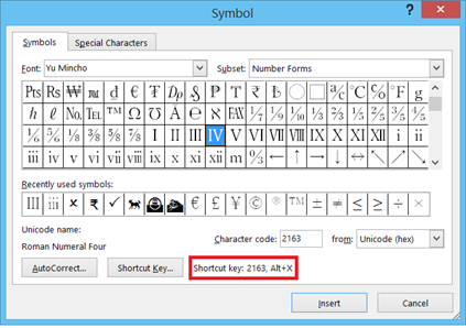 Shortcutkey for inserting symbol